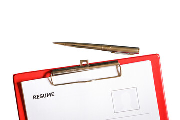 Resume on clipboard with pen, isolated on transparent background. Job interview or career concept.