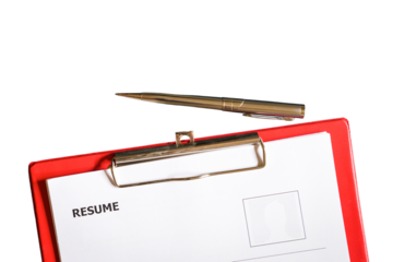 Resume on clipboard with pen, isolated on transparent background. Job interview or career concept.