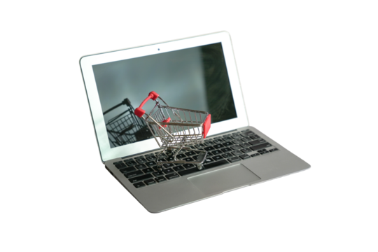 A mini shopping cart on top of computer laptop keyboard, isolated on transparent background. Online shopping concept. - Powered by Adobe