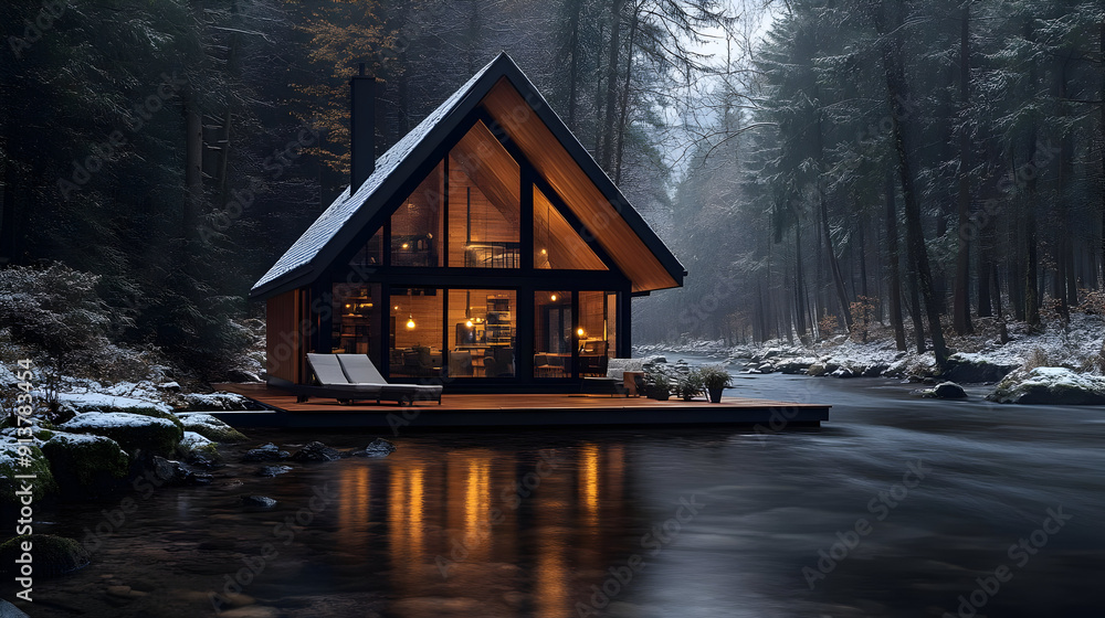 Poster Modern Cabin in Snowy Forest by a River - Realistic Image