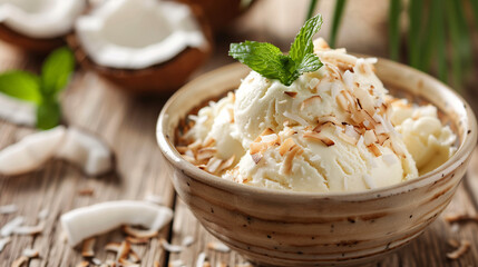 a bowl of homemade coconut ice cream, garnished with toasted coconut flakes and a sprig of mint, served on a wooden table with a tropical-themed background