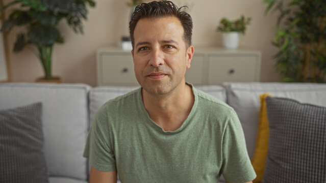 Handsome hispanic man indoors in a comfortable living room setting, staring at the camera with a neutral expression