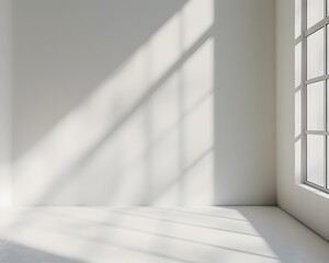 A bright white room with light shining through the window, casting soft shadows on an empty wall. creating an abstract and minimalist background for product display or presentation