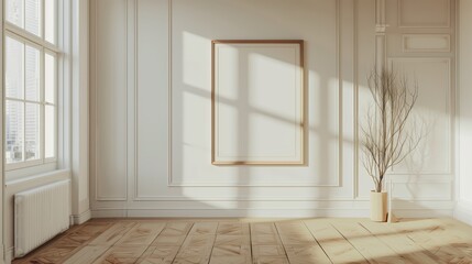 Fototapeta premium Bright and Airy Minimalist Interior With Empty Frame and Decorative Branch in Natural Light