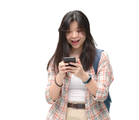 Young adult college asian woman react with joy while looking at her phone. Isolated on transparent background.