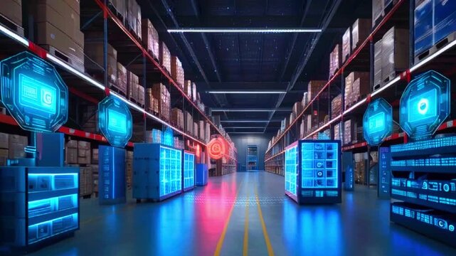 Futuristic warehouse with blue and red lights, and rows of shelves with boxes.