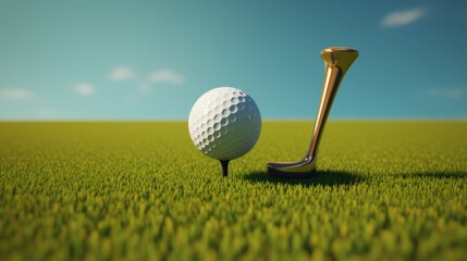 Professional golfer preparing to tee off on pristine golf course, close-up of golf ball on tee with club in background, capturing the precision and skill of the sport in a serene outdoor setting


