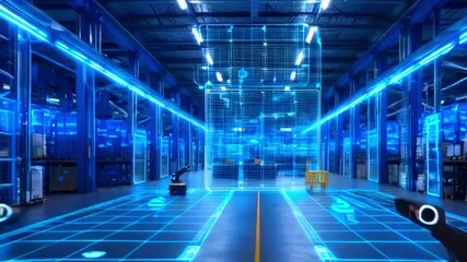 Two autonomous robots navigate a futuristic warehouse with a holographic projection of a grid pattern on the floor and a 3D digital model in the background. - Powered by Adobe