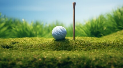 Professional golfer preparing to tee off on pristine golf course, close-up of golf ball on tee with club in background, capturing the precision and skill of the sport in a serene outdoor setting


