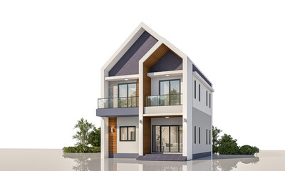 Architecture 3d rendering illustration of modern minimal house on white background