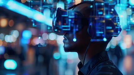 Virtual conventions in VR with industry leaders, close up, tech networking theme, dynamic, fusion, advanced convention center backdrop