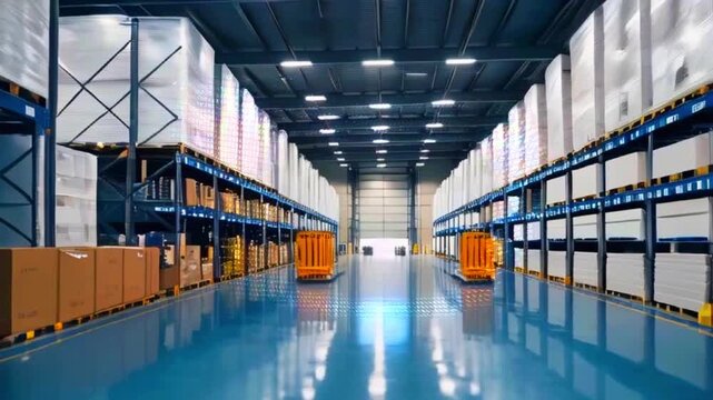 An empty warehouse with large pallets of boxes stacked on high shelves. The floor is polished concrete.