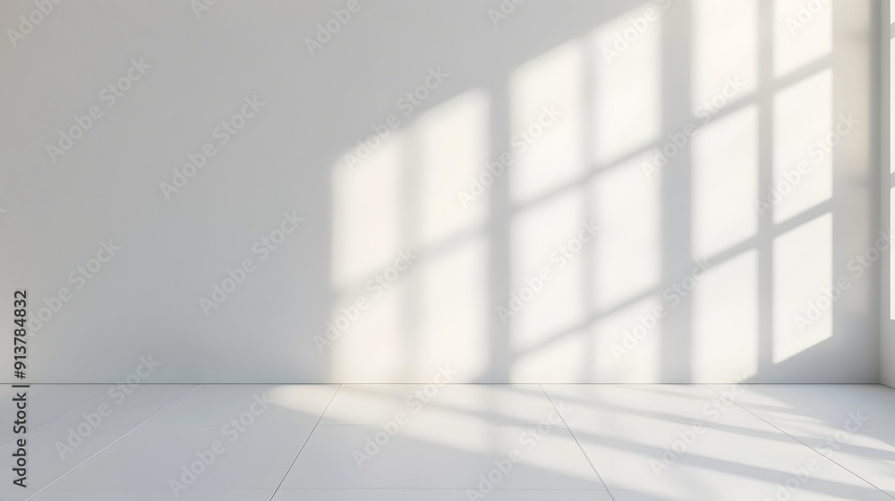Aufkleber a bright white room with light shining through the window, casting soft shadows on an empty wall. cr