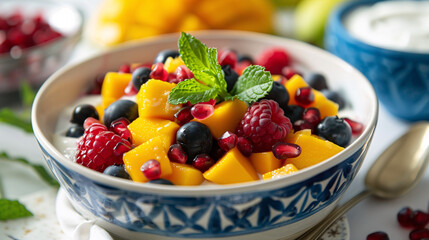 a colorful fruit bowl with mixed berries, mango chunks, and pomegranate seeds, garnished with mint leaves, placed on a white table with a blue ceramic bowl and a side of yogurt