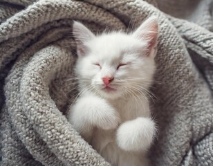 Cute little white kitten is sleeping in soft blanket, top view 