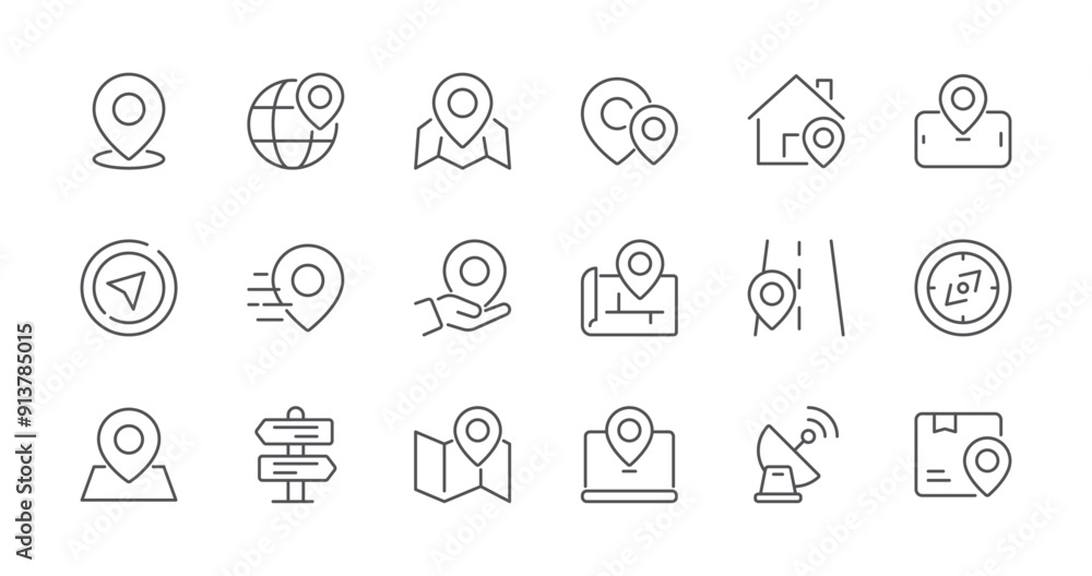 Poster Minimal Set of Map and Location Line Icons. Editable Stroke. Pixel Perfect.