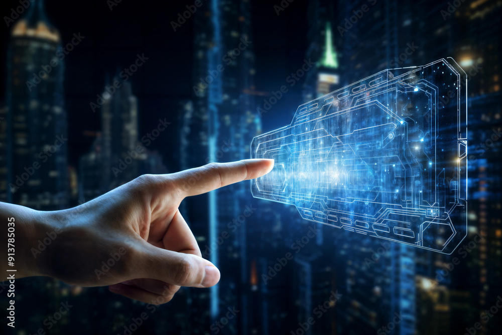 Poster hand interacting with a futuristic digital interface in a high-tech cityscape, highlighting advanced