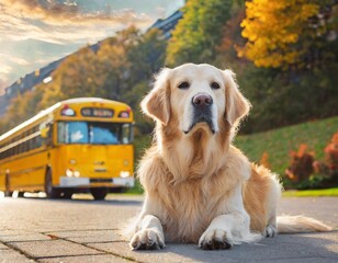 Sad golden retriever family dog pet animal sitting on city town road street in front of yellow school bus