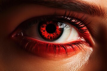 Macro shot of a human eye with a vivid red iris and intricate details