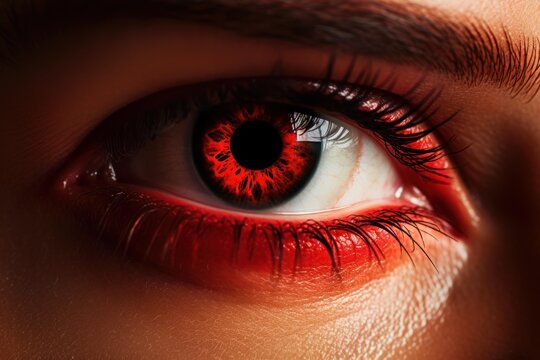 Macro shot of a human eye with a vivid red iris and intricate details