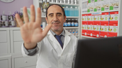 Middle-aged hispanic man making a stop gesture with his hand in a pharmacy, set against shelves of medicine and pharmaceutical supplies.