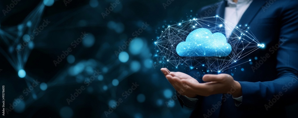 Poster an image of a man holding a glowing cloud with data storage and security.