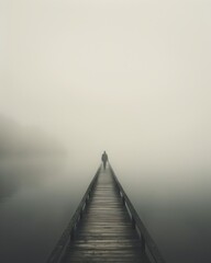 Fototapeta premium A minimalist shot of a lone figure walking across a low-lying fog-covered bridge, creating a tranquil and ethereal atmosphere. The image employs muted tones and soft lighting