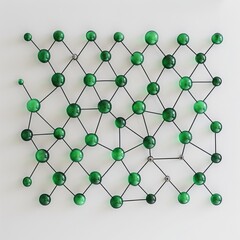 A minimalistic depiction of chlorine molecules arranged in a geometric pattern against a stark white background. Each molecule is represented by green spheres connected by thin, black lines