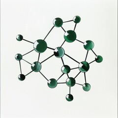 Obraz premium A minimalistic depiction of chlorine molecules arranged in a geometric pattern against a stark white background. Each molecule is represented by green spheres connected by thin, black lines