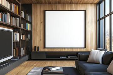 Armchairs and TV screen with decorations in front of a mockup frame of a living room