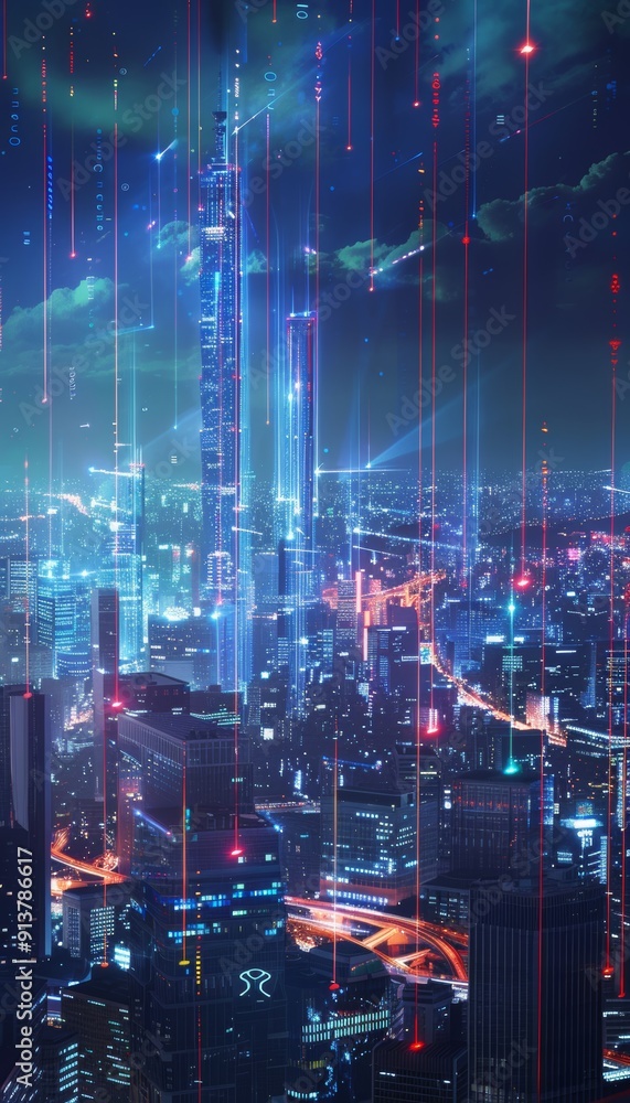 Poster futuristic city skyline with holographic data streams highlighting advanced mobile network technolog