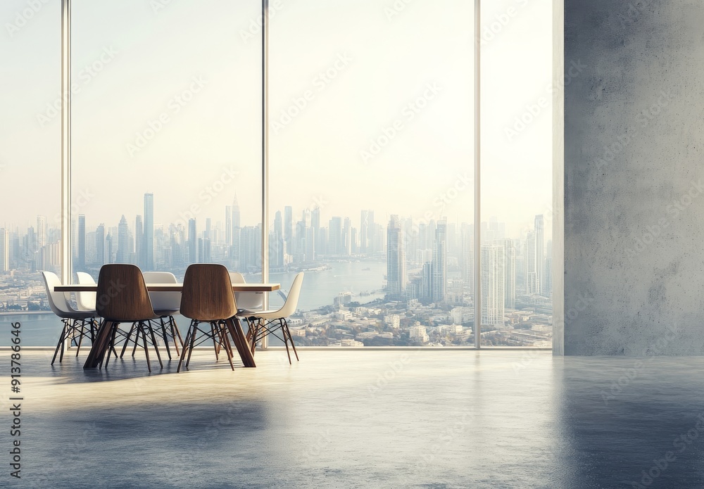 Poster this rendering shows a wide open office space with modern desks and chairs, large windows looking ou