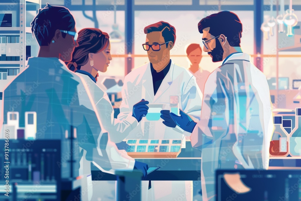 Poster collaborative scientists analyzing climate data in high-tech laboratory for research solutions