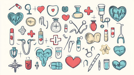 Obraz premium Collection of medical symbols in a simple drawing style.