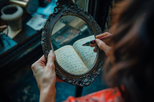 A mirror capturing the reflection of someone writing in a diary on the seventh day. The juxtaposition of reality and reflection adds depth