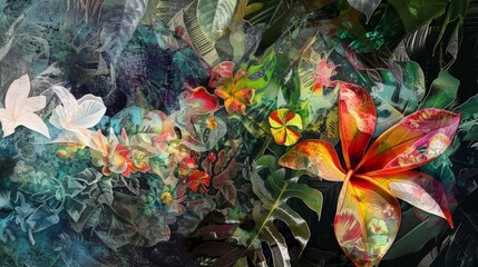 A mixed-media collage blending watercolor textures with digital enhancements, depicting a Splurgle artistically camouflaged among exotic flowers in a tropical rainforest, blending seamlessly