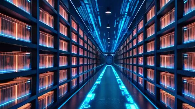 A futuristic library with glowing shelves and a blue floor.