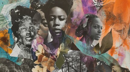 A mixed-media collage combining photographs of people from diverse backgrounds, interwoven with elements of nature and cultural symbols. The layered composition creates a rich narrative 