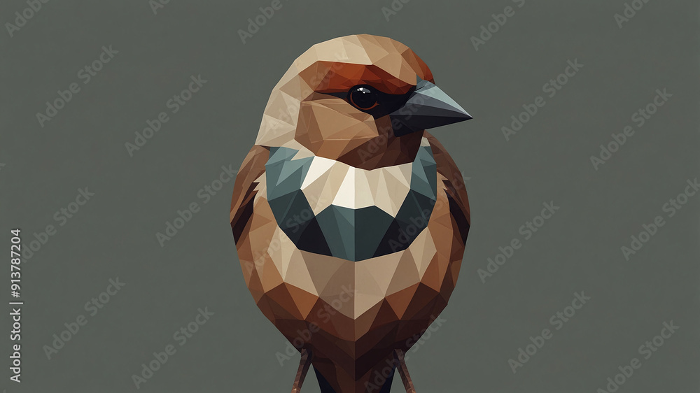 Poster low poly art of a sparrow featuring intricate geometric design on a simple gray background