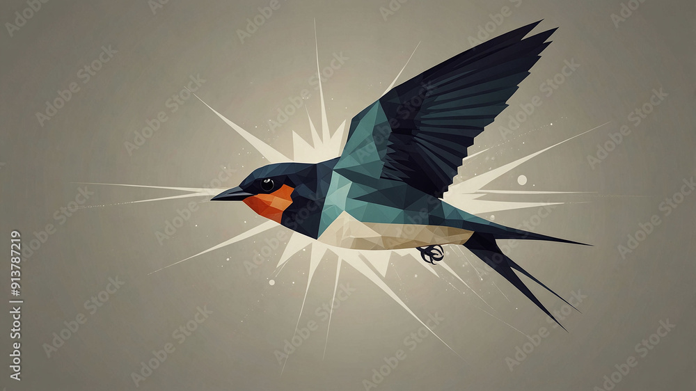 Poster low poly art of a swallow in flight with geometric design and light burst background