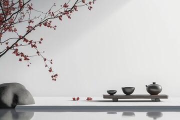 Minimalist zen garden with tea set inviting contemplation