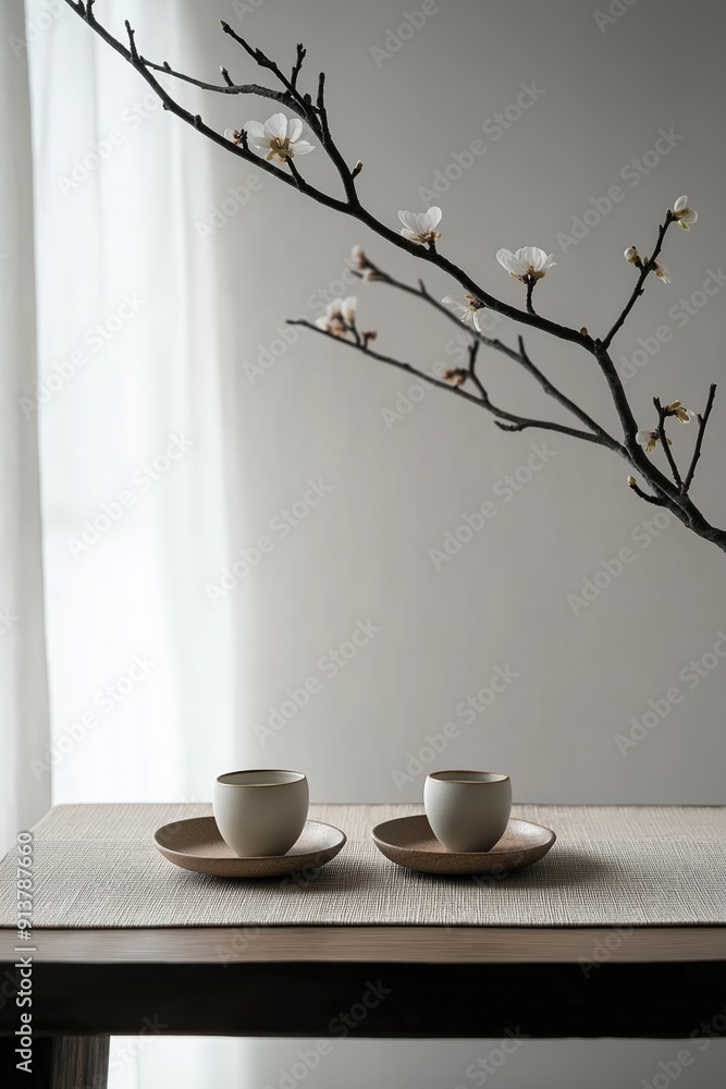 Poster two empty teacups standing on a table with a blooming branch in a minimalist interior design
