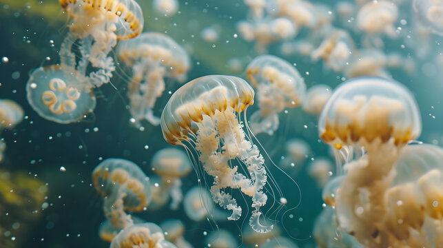 Glowing jellyfish swimming together in deep ocean waters, pulsating with grace and beauty.