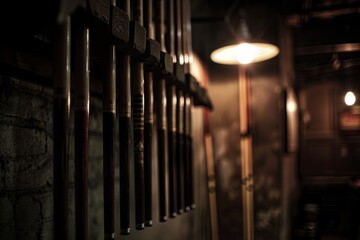Obraz premium A moody, atmospheric shot of a cue rack hanging on the wall of a dimly lit pool hall. The cues are arranged neatly in rows, their smooth surfaces catching the faint glow of overhead lights. 