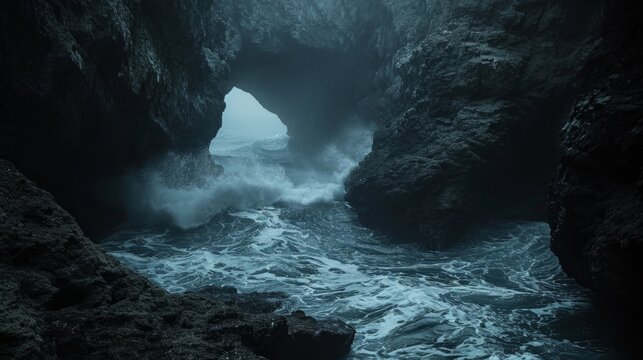 A moody and mysterious photograph of a sea cave crevice, with waves crashing against the rocky walls, creating a sense of both danger and beauty. Dark, atmospheric tones influenced by the seascapes