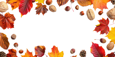 autumnal frame border with leaves and nuts isolated on white or transparent png