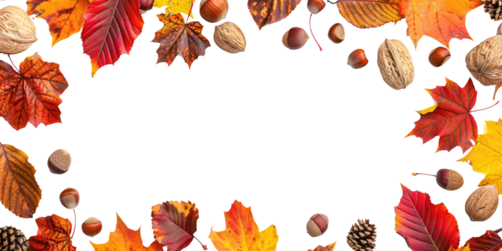autumnal frame border with leaves and nuts isolated on white or transparent png