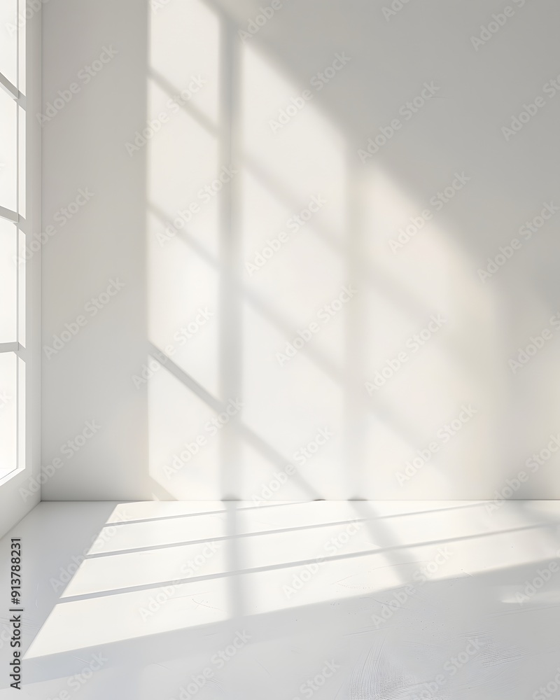 Aufkleber a bright white room with light shining through the window, casting soft shadows on an empty wall. cr