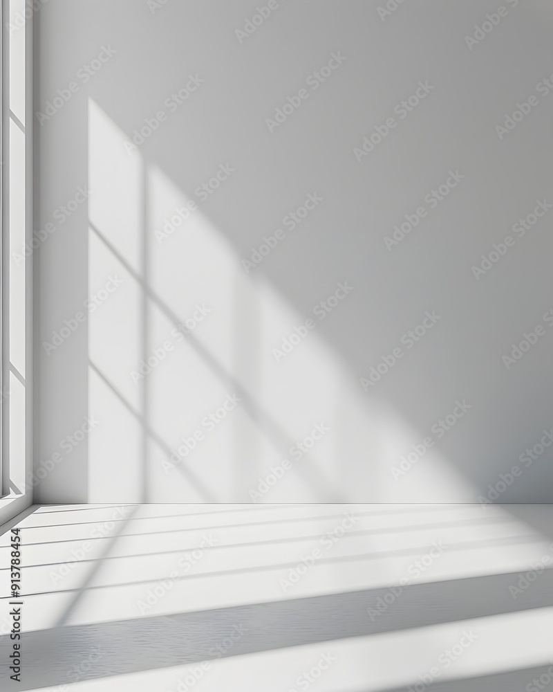 Poster a bright white room with light shining through the window, casting soft shadows on an empty wall. cr