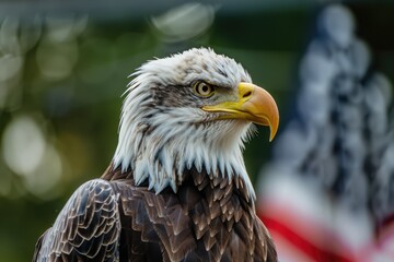 Fototapeta premium majestetic eagle with blurred usa flag background